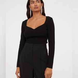 H&M Sweetheart Neckline Longsleeve Rib Knit Top Black